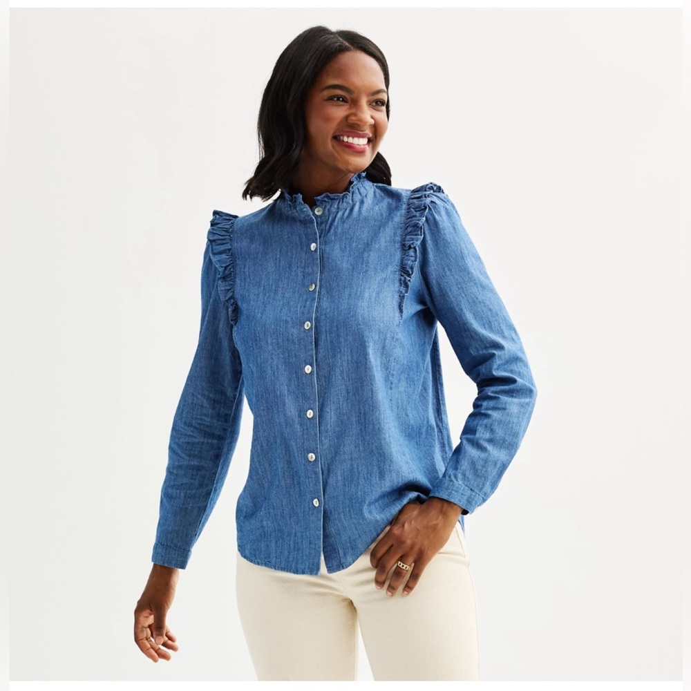 Draper James Women's Femme Button Down Chambray Blue Ruffled Top Shirt Size M